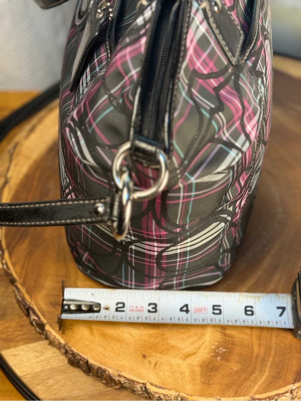 Coach Poppy Glitter Tartan Plaid Satchel Pink Black F18220 EUC - Picture 10 of 13